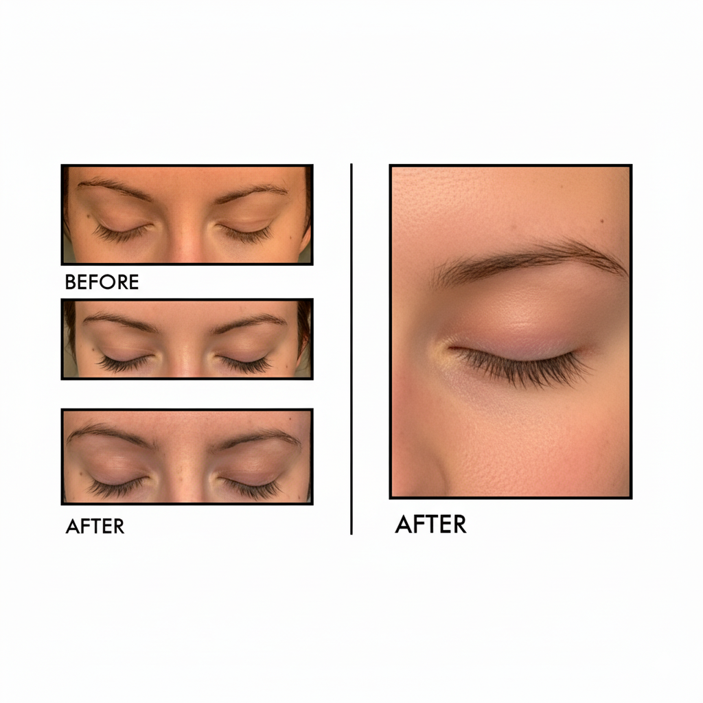 Before and after comparison of eye makeup application on a person's eyelid.