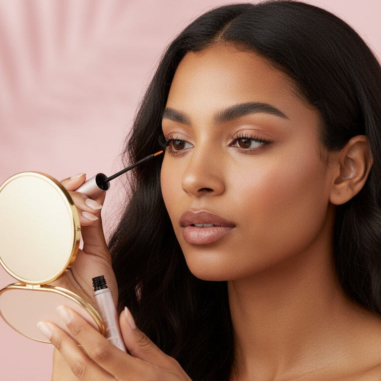 Woman applying serum with a compact mirror on a pink background