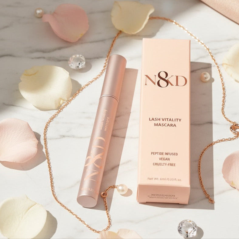 N8KD Lash Vitality Mascara with packaging on a decorative background