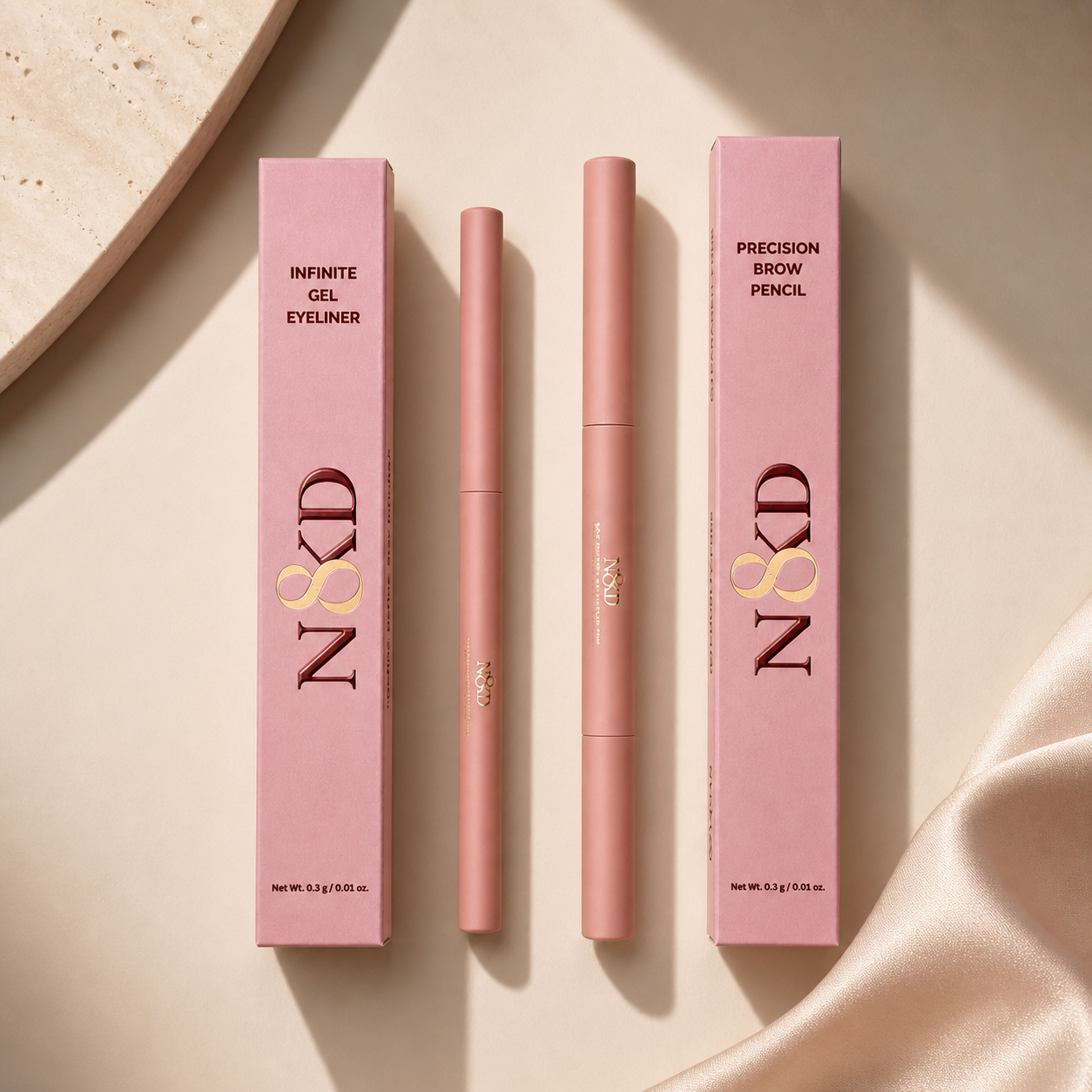 N8KD Precision Brow Pencil in Brown featuring an ultra-fine angled tip and built-in spoolie, designed for clean, hair-like brow definition with a smooth, long-wear formula. 
N8KD Infinite Gel Eyeliner in Black with a 2 mm precision tip, featuring a smooth gel formula that delivers bold pigment with smudge-proof, water-resistant wear.