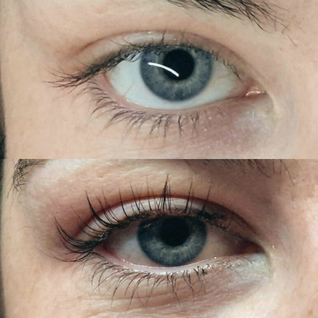 Before and after comparison of eye makeup application on a person's eyelid.
N8KD lash enhancing serum vegan serum,  peptide infused serum cruelty free serum lash care, length and strength eye lashes. best lash growth serum