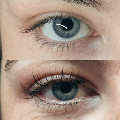 Before and after comparison of eye makeup application on a person's eyelid.
N8KD lash enhancing serum vegan serum,  peptide infused serum cruelty free serum lash care, length and strength eye lashes. best lash growth serum