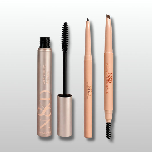 N8KD Eye Essentials Trio with lash mascara, precision brow pencil, and infinite gel eyeliner.