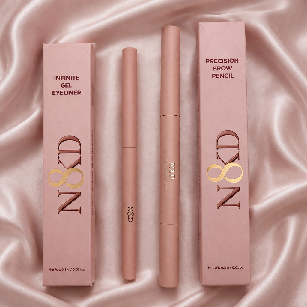 N8KD Precision Brow Pencil in Brown featuring an ultra-fine angled tip and built-in spoolie, designed for clean, hair-like brow definition with a smooth, long-wear formula. 
N8KD Infinite Gel Eyeliner in Black with a 2 mm precision tip, featuring a smooth gel formula that delivers bold pigment with smudge-proof, water-resistant wear.