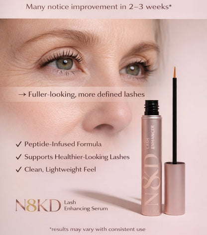 Before and after comparison of eye makeup application on a person's eyelid.
N8KD lash enhancing serum vegan serum,  peptide infused serum cruelty free serum lash care, length and strength eye lashes. best lash growth serum