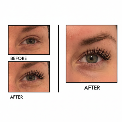 Before and after comparison of eyelashes with 'Before' and 'After' labels.
