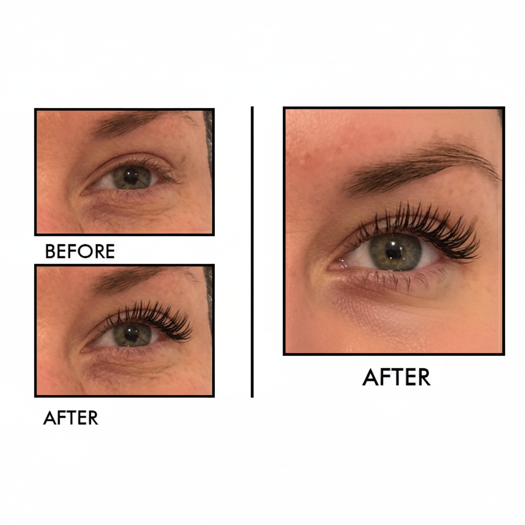 Before and after comparison of eyelashes with 'Before' and 'After' labels.