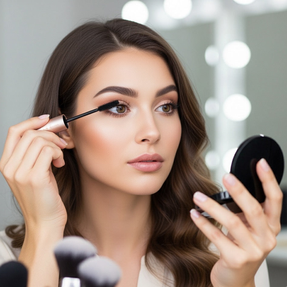Woman applying mascara in front of a mirror with blurred lights in the background