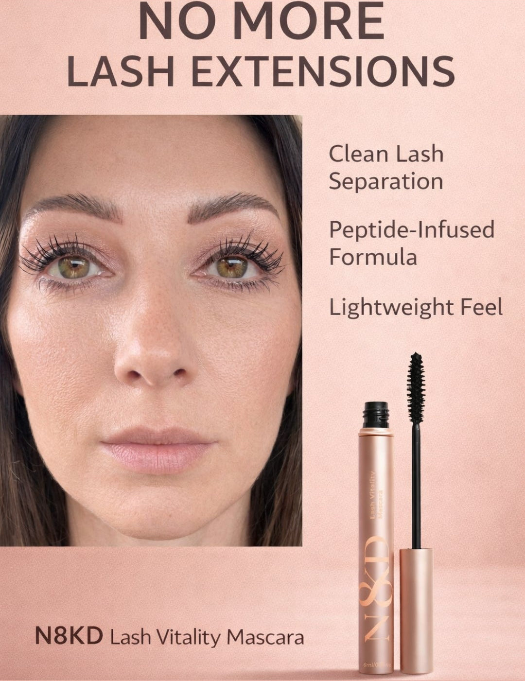N8KD Lash Vitality Mascara, tubing waterproof mascara, vegan mascara, long-lasting mascara, peptide infused mascara, cruelty free mascara, lash care. Vegan, Waterproof, smudge proof, peptide infused mascara 