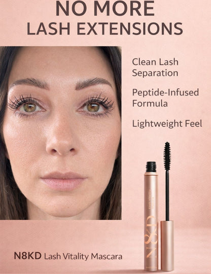 N8KD Lash Vitality Mascara, tubing waterproof mascara, vegan mascara, long-lasting mascara, peptide infused mascara, cruelty free mascara, lash care. Vegan, Waterproof, smudge proof, peptide infused mascara 
