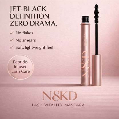 N8KD Lash Vitality Mascara, tubing waterproof mascara, vegan mascara, long-lasting mascara, peptide infused mascara, cruelty free mascara, lash care. Vegan, Waterproof, smudge proof, peptide infused mascara 