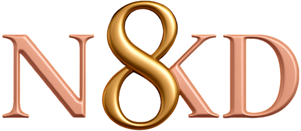 Gold and rose gold 'N8KD' logo on a white background