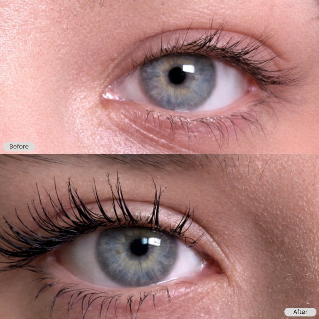 Before and after lashes using N8KD Lash Vitality Tubing Mascara