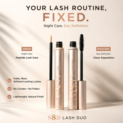 N8KD Lash Vitality Mascara & Lash Enhancing Serum vegan serum,  peptide infused, cruelty free, lash care, length and strength eye lashes. best lash growth serum and mascara.