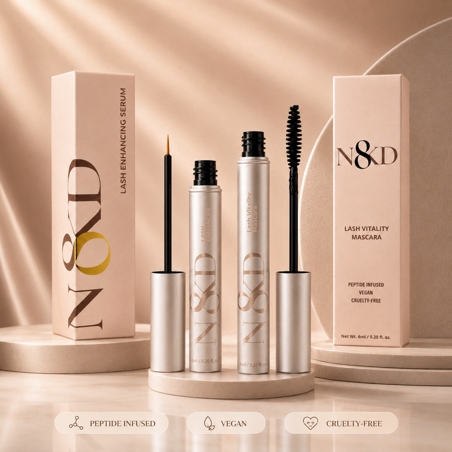 N8KD Lash Vitality Mascara, tubing waterproof mascara, vegan mascara, long-lasting mascara, peptide infused mascara, cruelty free mascara, lash care. Vegan, Waterproof, smudge proof, peptide infused mascara.
N8KD lash enhancing serum Vegan, peptide infused, Vitamin E, lash care serum, vegan serum,  peptide infused serum cruelty free serum lash care, length and strength eye lashes. best lash growth serum.